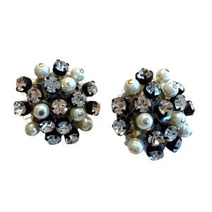 Vintage Rhinestone cluster pierced earrings chunky rounds gray white faux pearl
